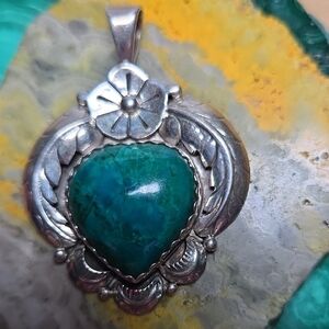 Turquoise and Sterling Silver Pendant with Intricate Metalwork
